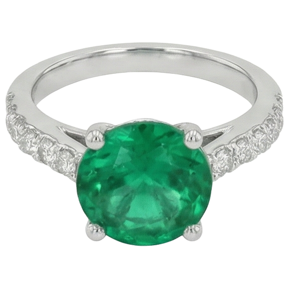 natural round emerald 3.15ct ring close up detail