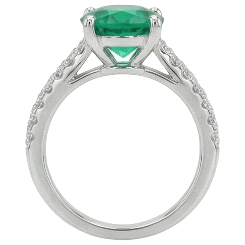 natural round emerald 3.15ct ring on white background