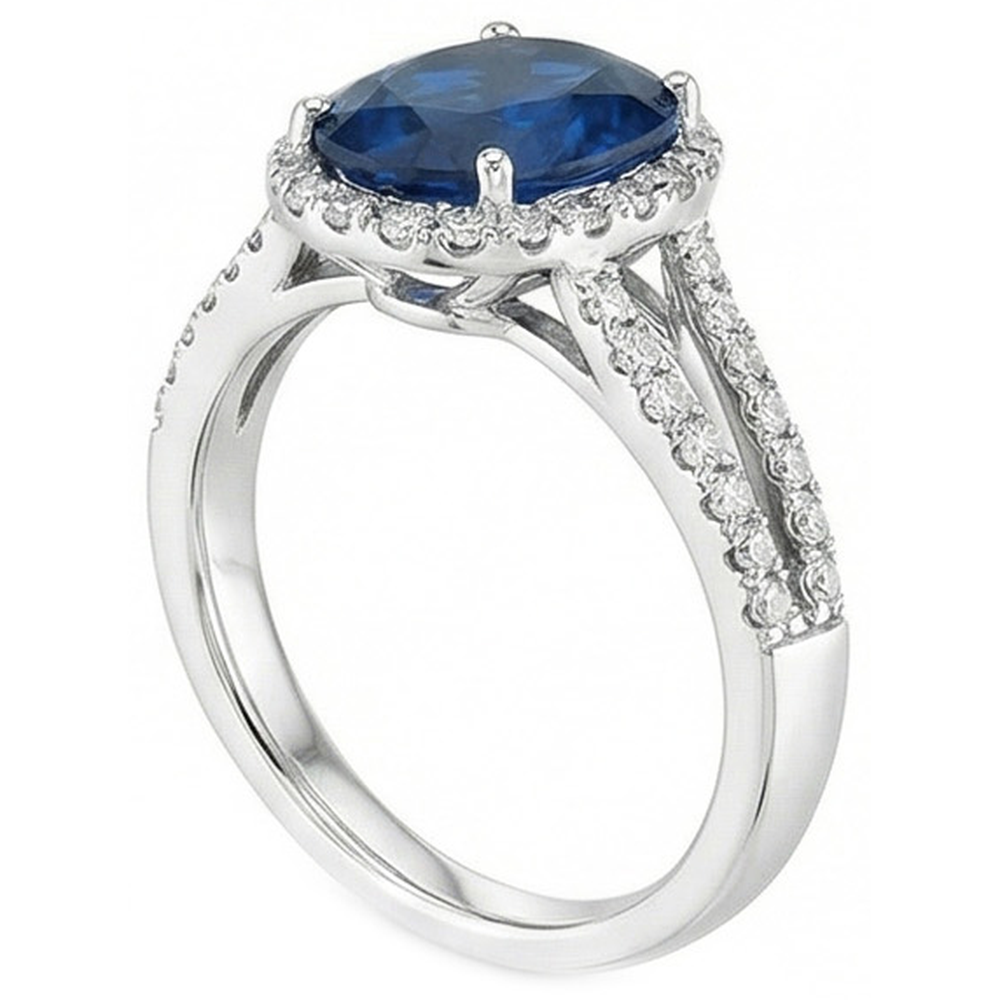 3.20 Carats Oval Sri Lanka Sapphire And Natural Earth Mined Diamond ( Not Lab Grown ) Ring White Gold 14K