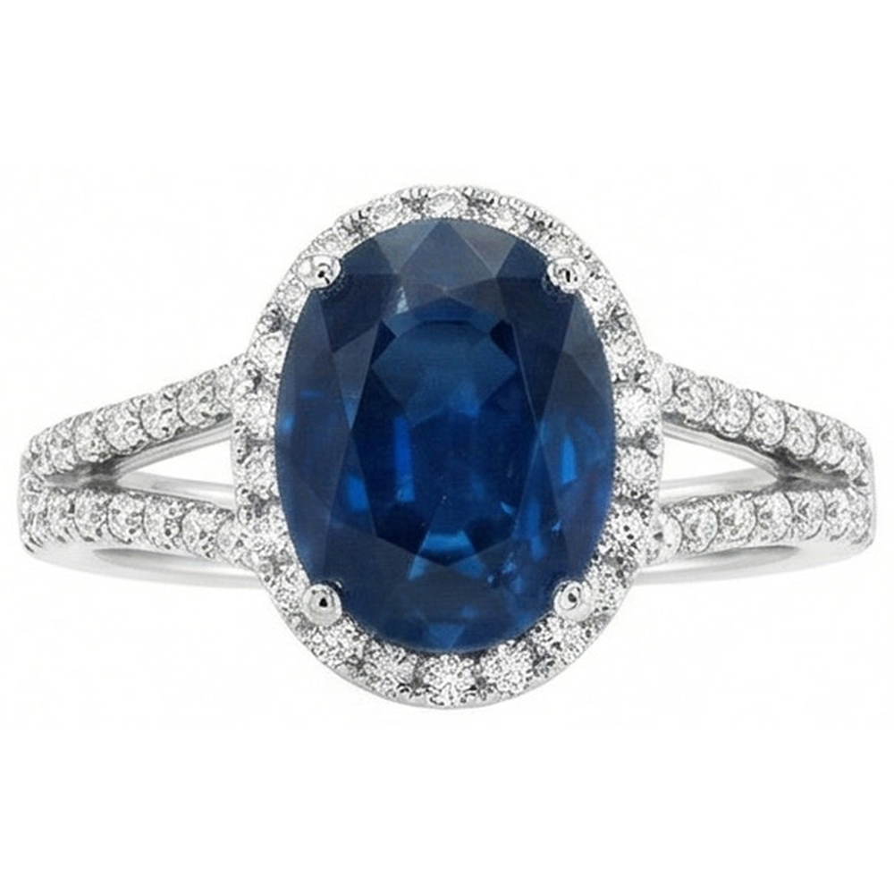 3.20 Carats Oval Sri Lanka Sapphire And Natural Earth Mined Diamond ( Not Lab Grown ) Ring White Gold 14K