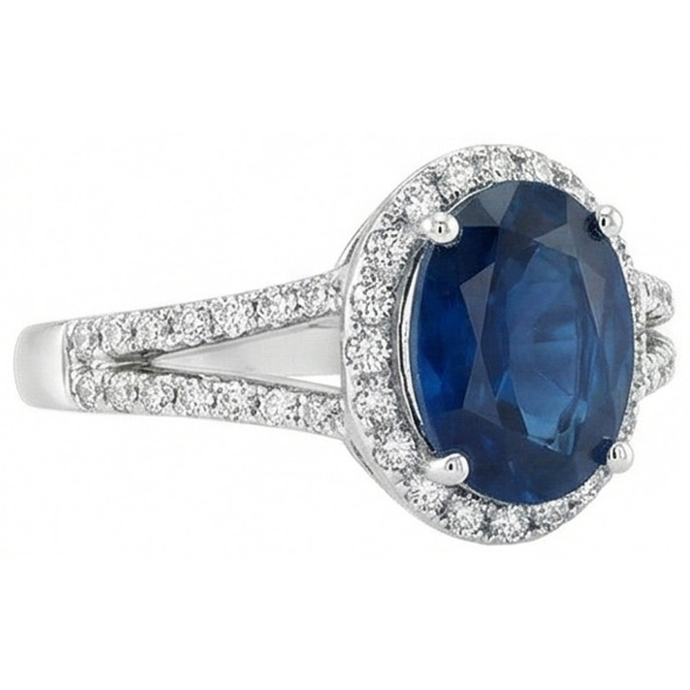 3.20 Carats Oval Sri Lanka Sapphire And Natural Earth Mined Diamond ( Not Lab Grown ) Ring White Gold 14K