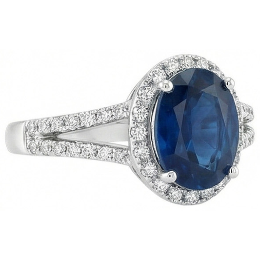 3.20 Carats Oval Sri Lanka Sapphire And Natural Earth Mined Diamond ( Not Lab Grown ) Ring White Gold 14K