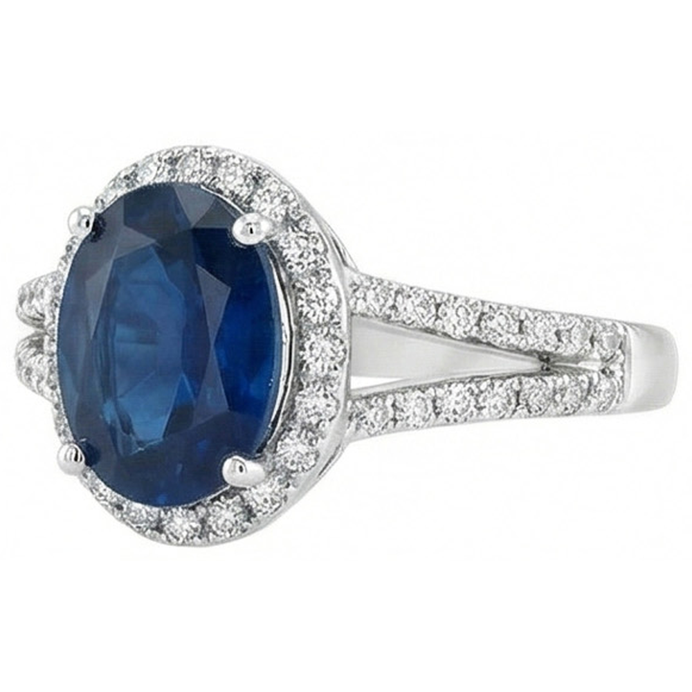 3.20 Carats Oval Sri Lanka Sapphire And Natural Earth Mined Diamond ( Not Lab Grown ) Ring White Gold 14K