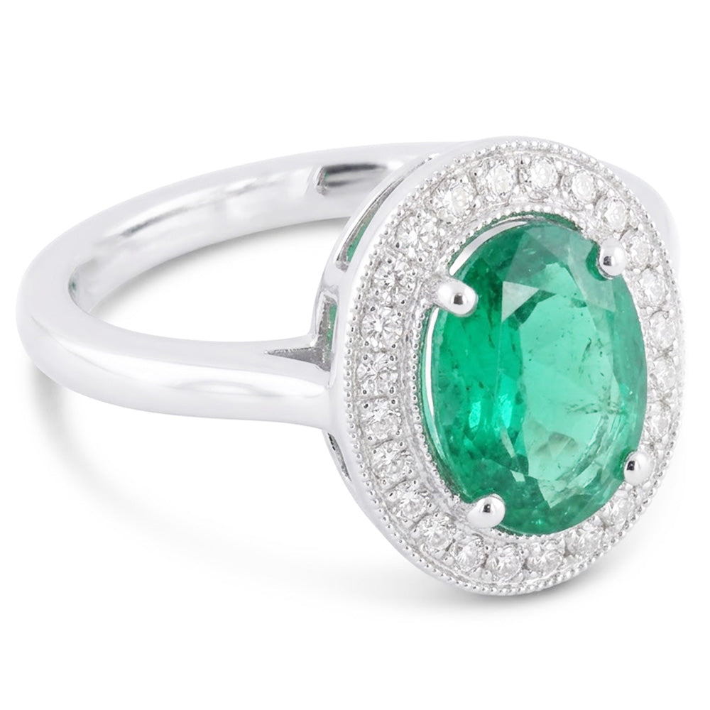 3.25 Carats Green Emerald And Natural Earth Mined Diamond ( Not Lab Grown )  Ring White Gold 14K