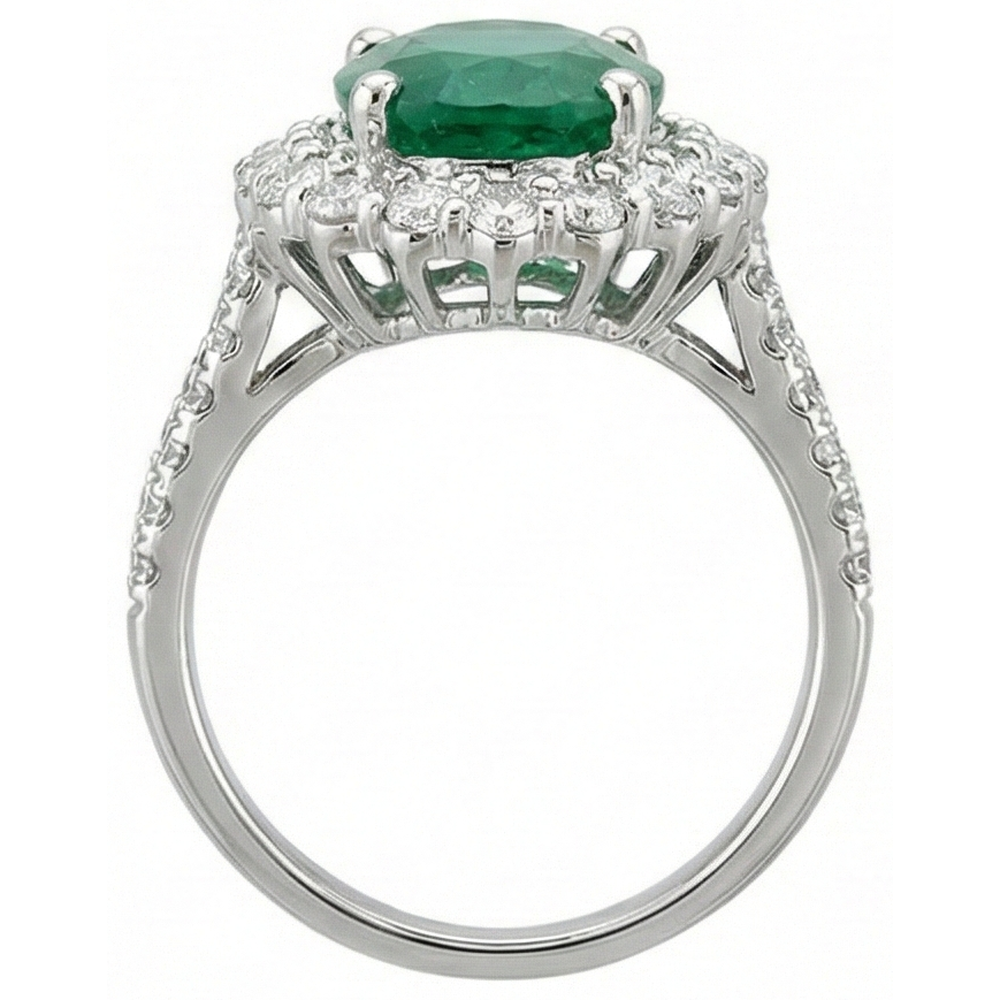 3.25 Ct Oval Green Emerald With Halo Natural Earth Mined Diamond ( Not Lab Grown ) Ring 14K White Gold