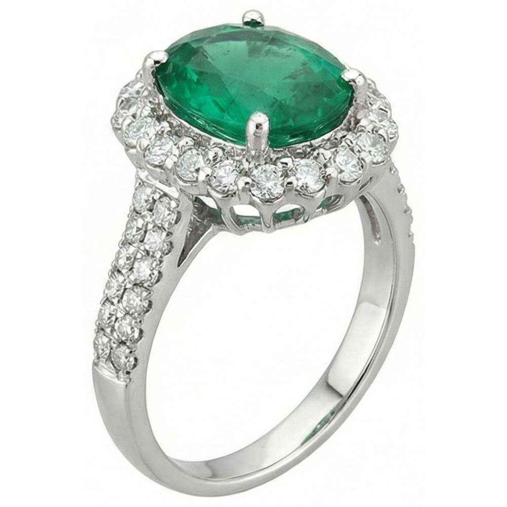 3.25 Ct Oval Green Emerald With Halo Natural Earth Mined Diamond ( Not Lab Grown ) Ring 14K White Gold