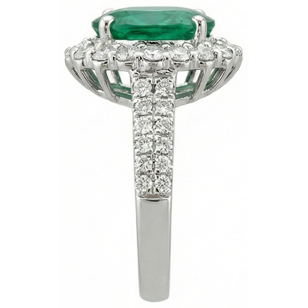 3.25 Ct Oval Green Emerald With Halo Natural Earth Mined Diamond ( Not Lab Grown ) Ring 14K White Gold
