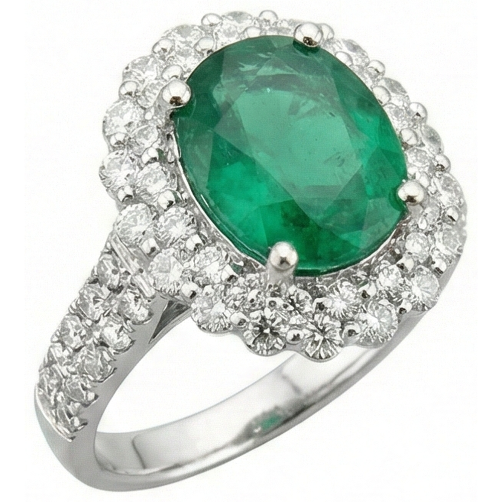 3.25 Ct Oval Green Emerald With Halo Natural Earth Mined Diamond ( Not Lab Grown ) Ring 14K White Gold