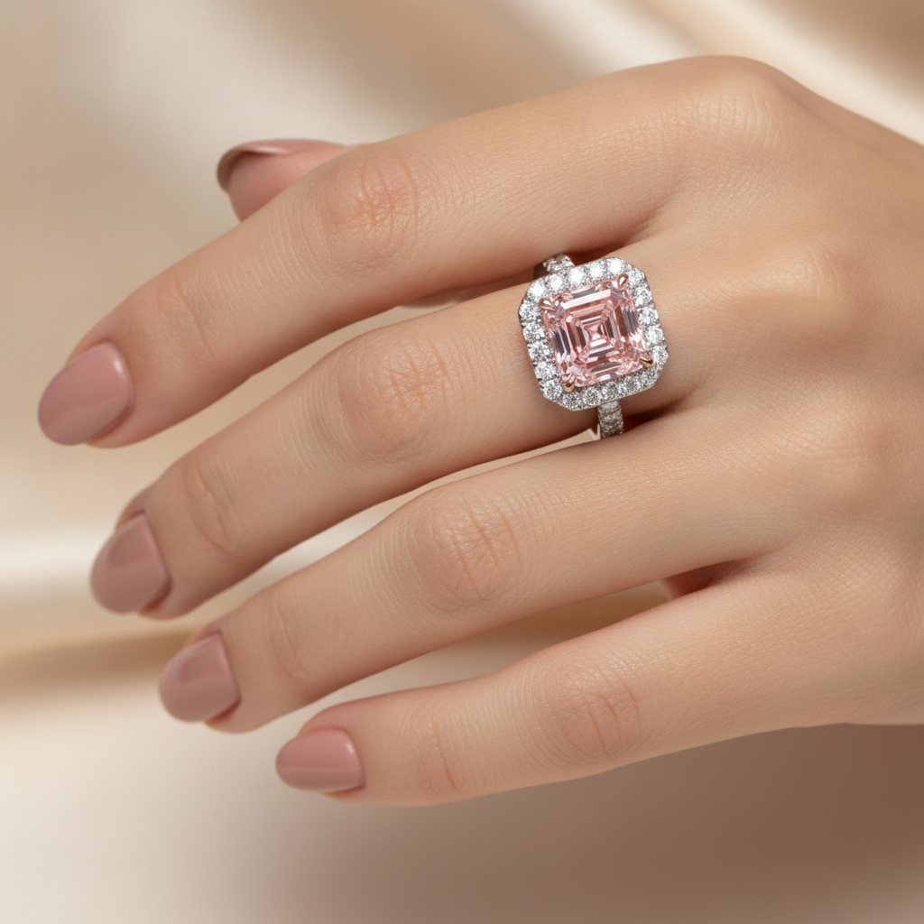 Women Pink Diamond Engagement Ring 3.25 Carat Lab Grown Asscher Halo 14K White Gold