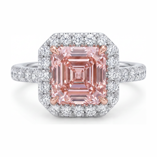 Women Pink Diamond Engagement Ring 3.25 Carat Lab Grown Asscher Halo 14K White Gold