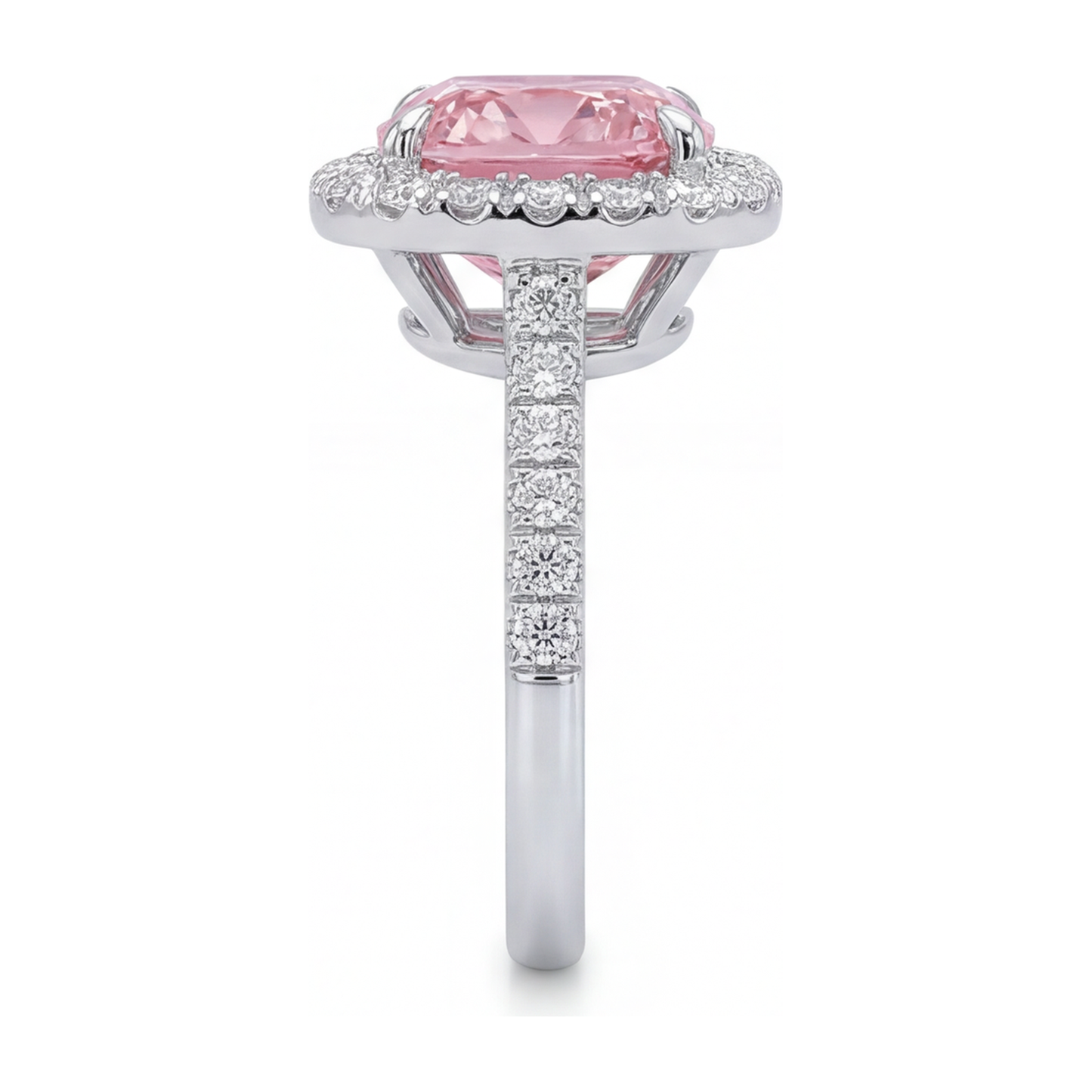 Pink Diamond Ring 3.25 Carat Lab Grown Cushion Halo Pave 14K White Gold
