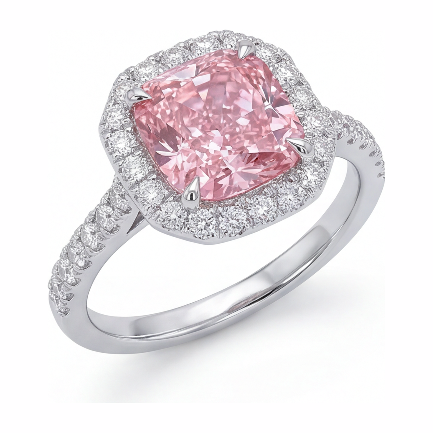 Pink Diamond Ring 3.25 Carat Lab Grown Cushion Halo Pave 14K White Gold