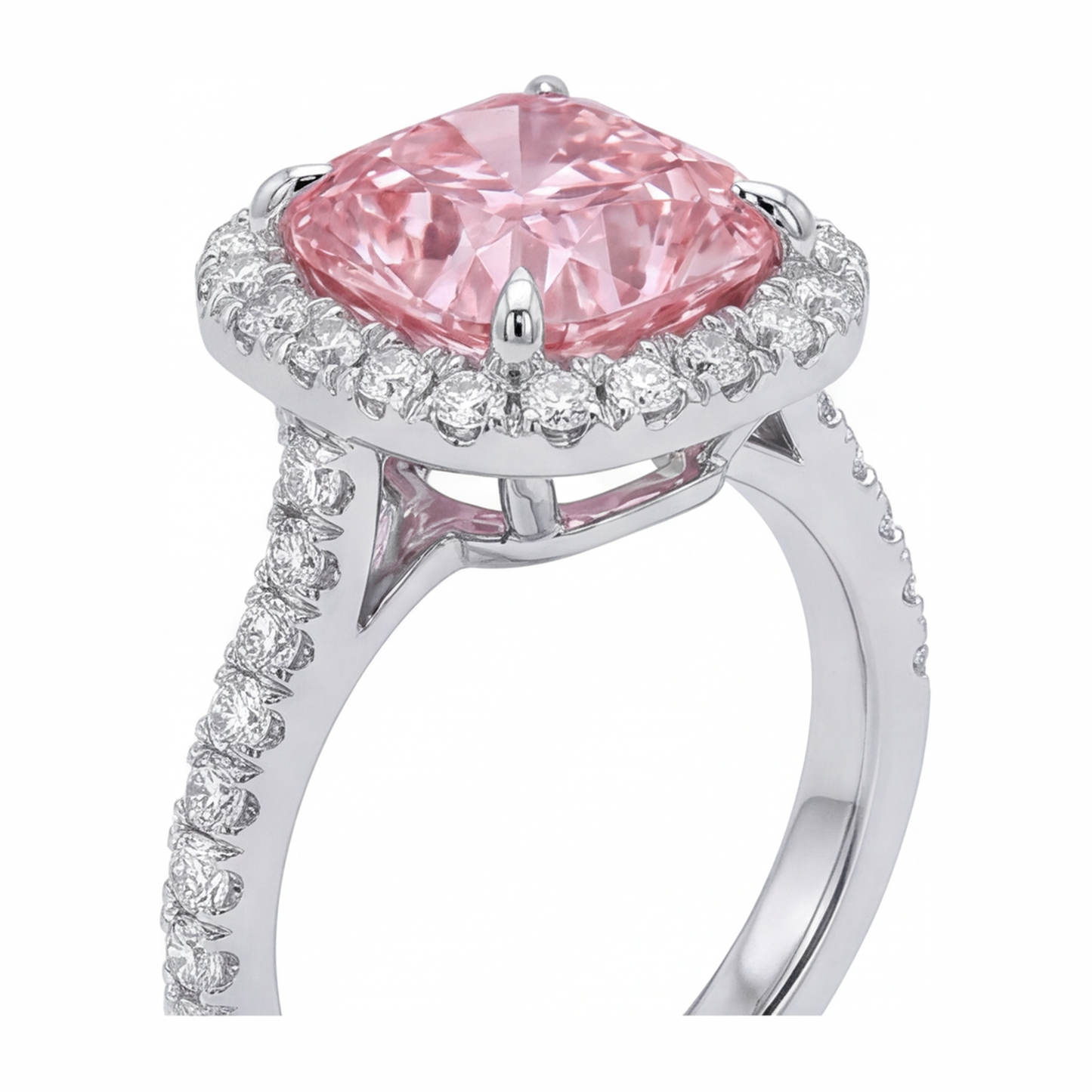 Pink Diamond Ring 3.25 Carat Lab Grown Cushion Halo Pave 14K White Gold