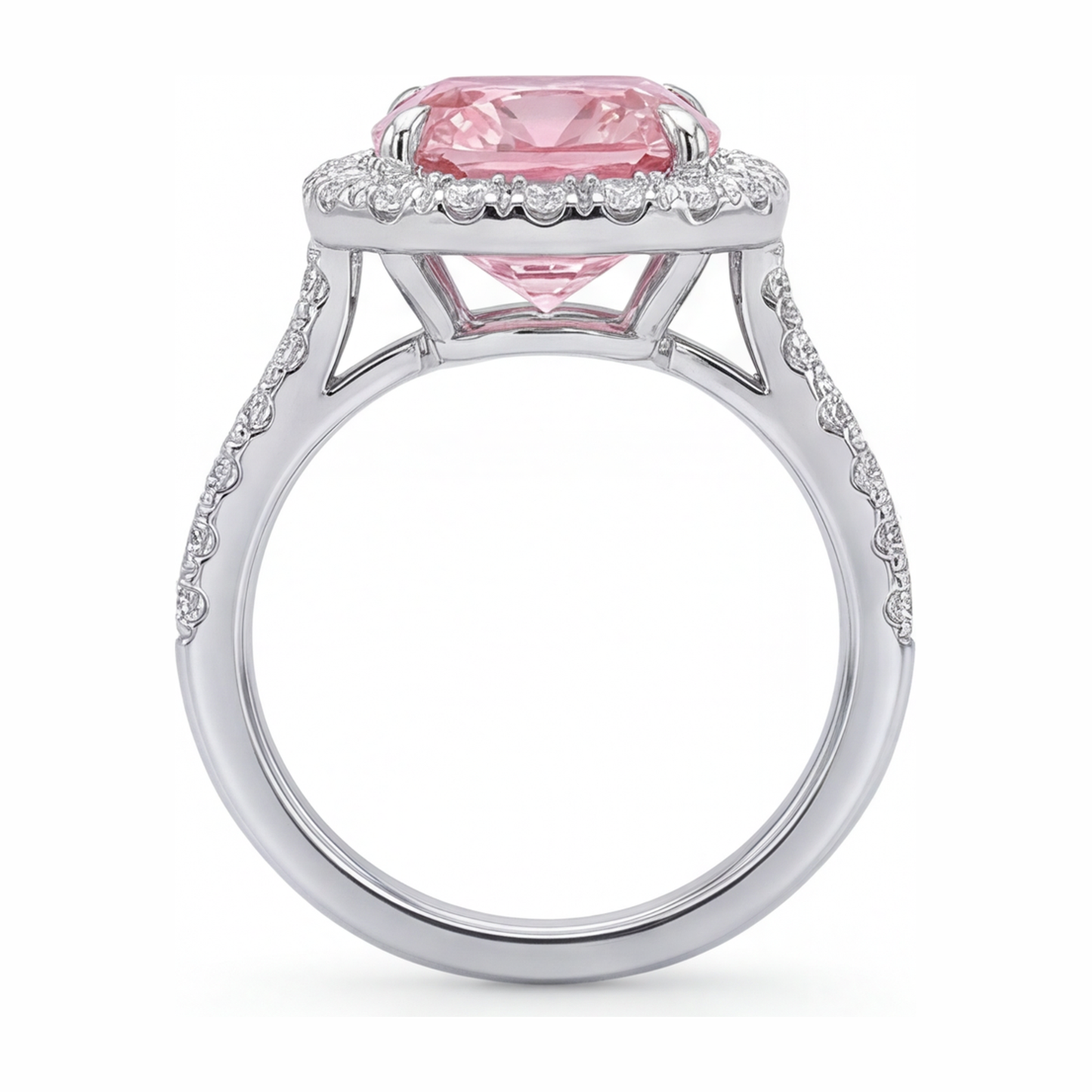 Pink Diamond Ring 3.25 Carat Lab Grown Cushion Halo Pave 14K White Gold