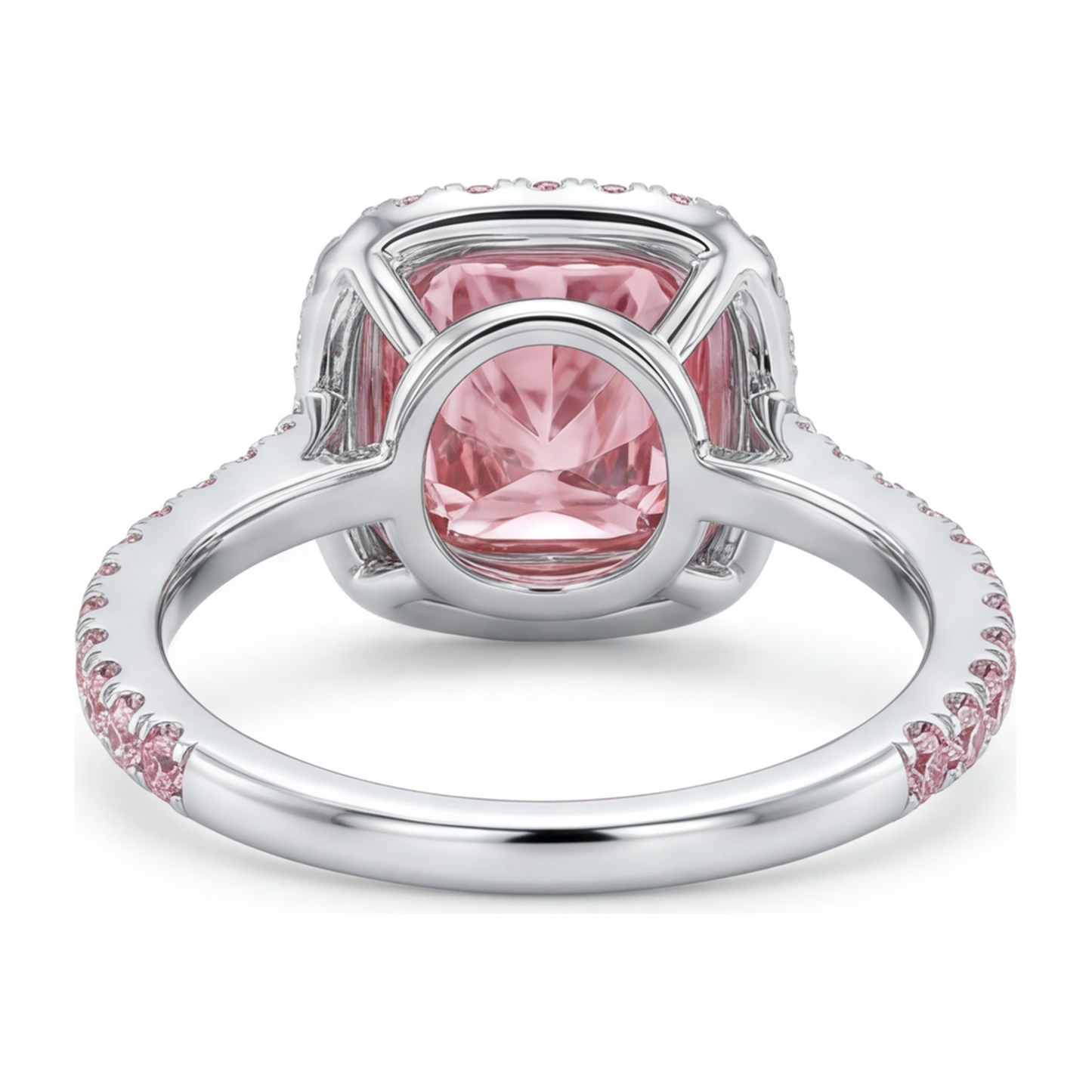 Pink Engagement Ring 3.25 Carat Lab Grown Cushion Diamond Halo Pave 14K White Gold