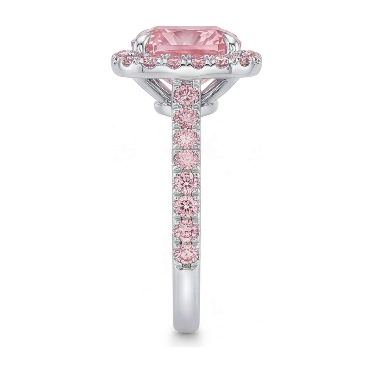 Pink Engagement Ring 3.25 Carat Lab Grown Cushion Diamond Halo Pave 14K White Gold