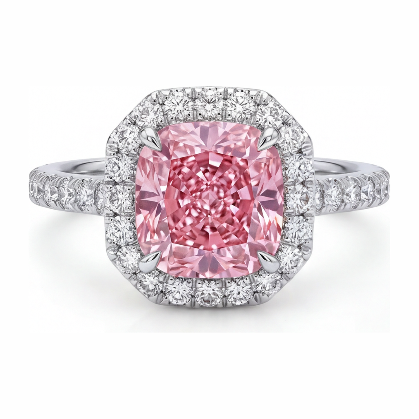 Pink Diamond Ring 3.25 Carat Lab Grown Cushion Halo Pave 14K White Gold