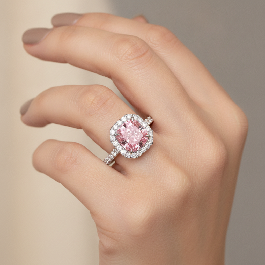 Pink Diamond Ring 3.25 Carat Lab Grown Cushion Halo Pave 14K White Gold
