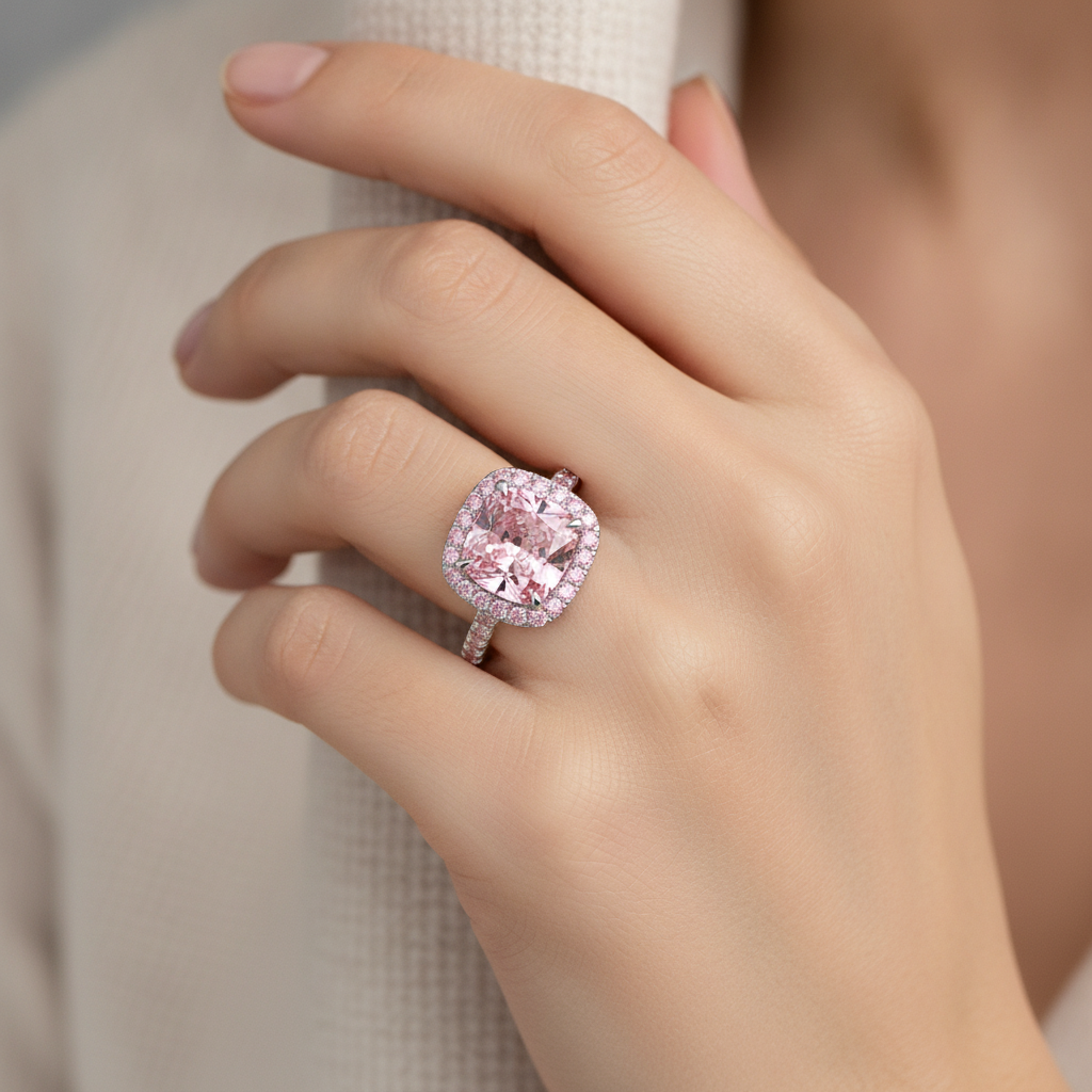 Pink Engagement Ring 3.25 Carat Lab Grown Cushion Diamond Halo Pave 14K White Gold