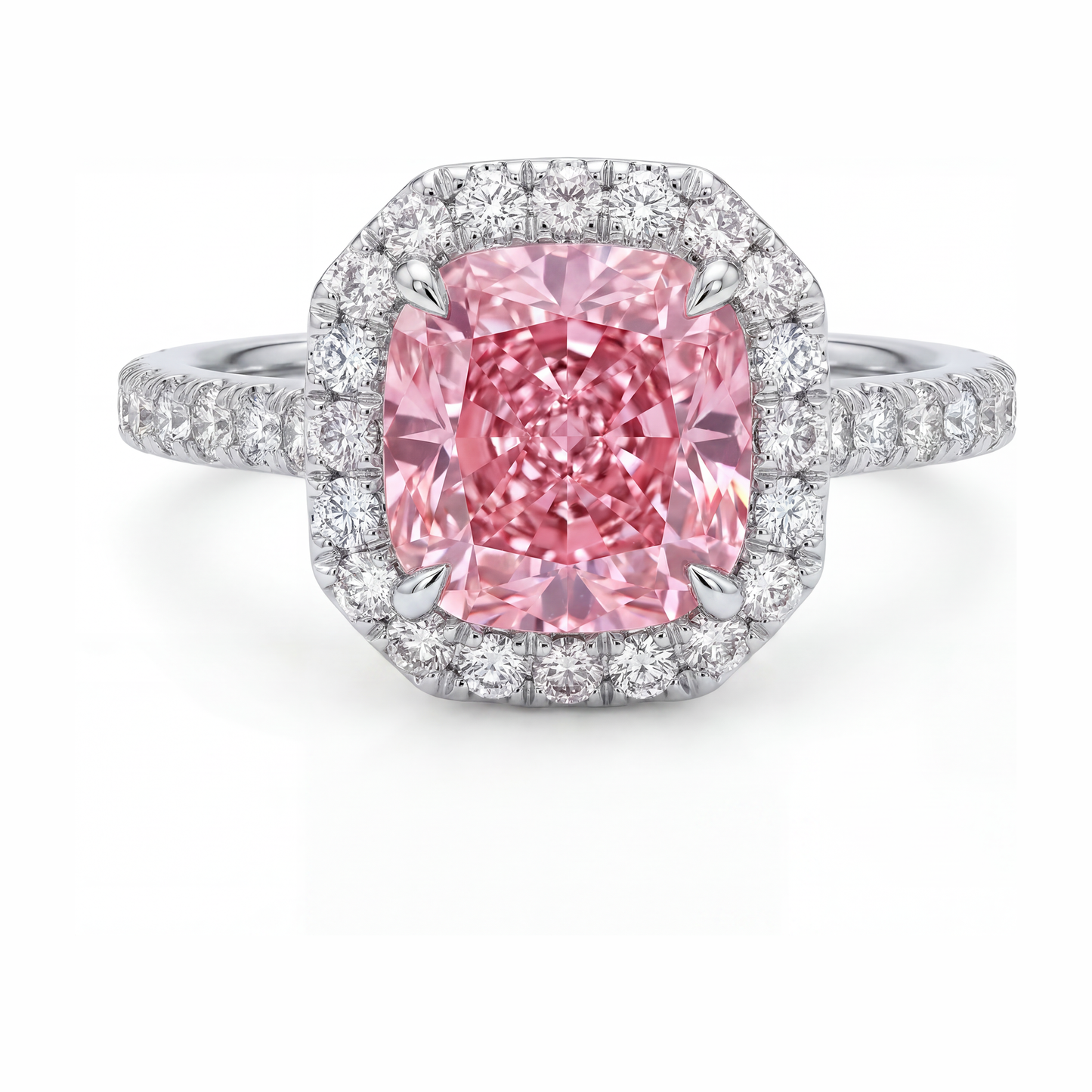 Pink Diamond Ring 3.25 Carat Lab Grown Cushion Halo Pave 14K White Gold