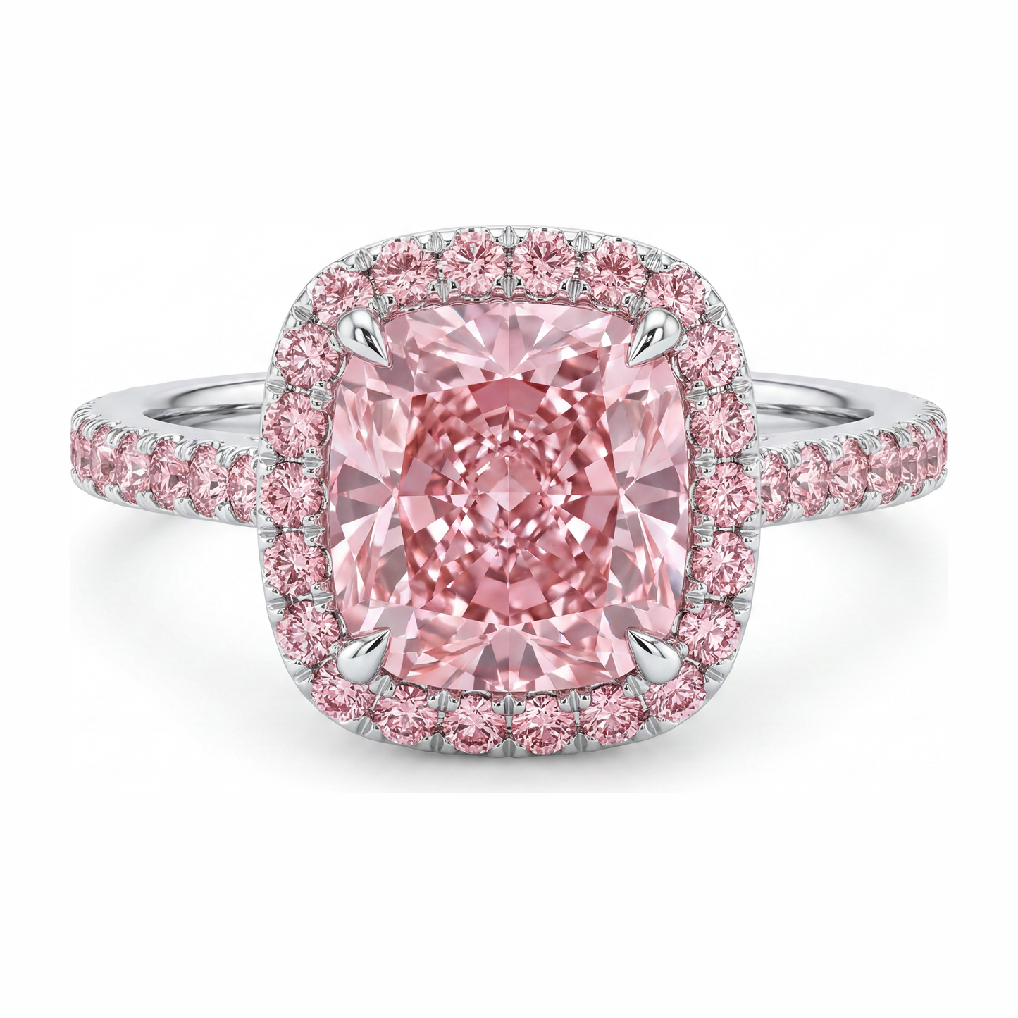 Pink Engagement Ring 3.25 Carat Lab Grown Cushion Diamond Halo Pave 14K White Gold