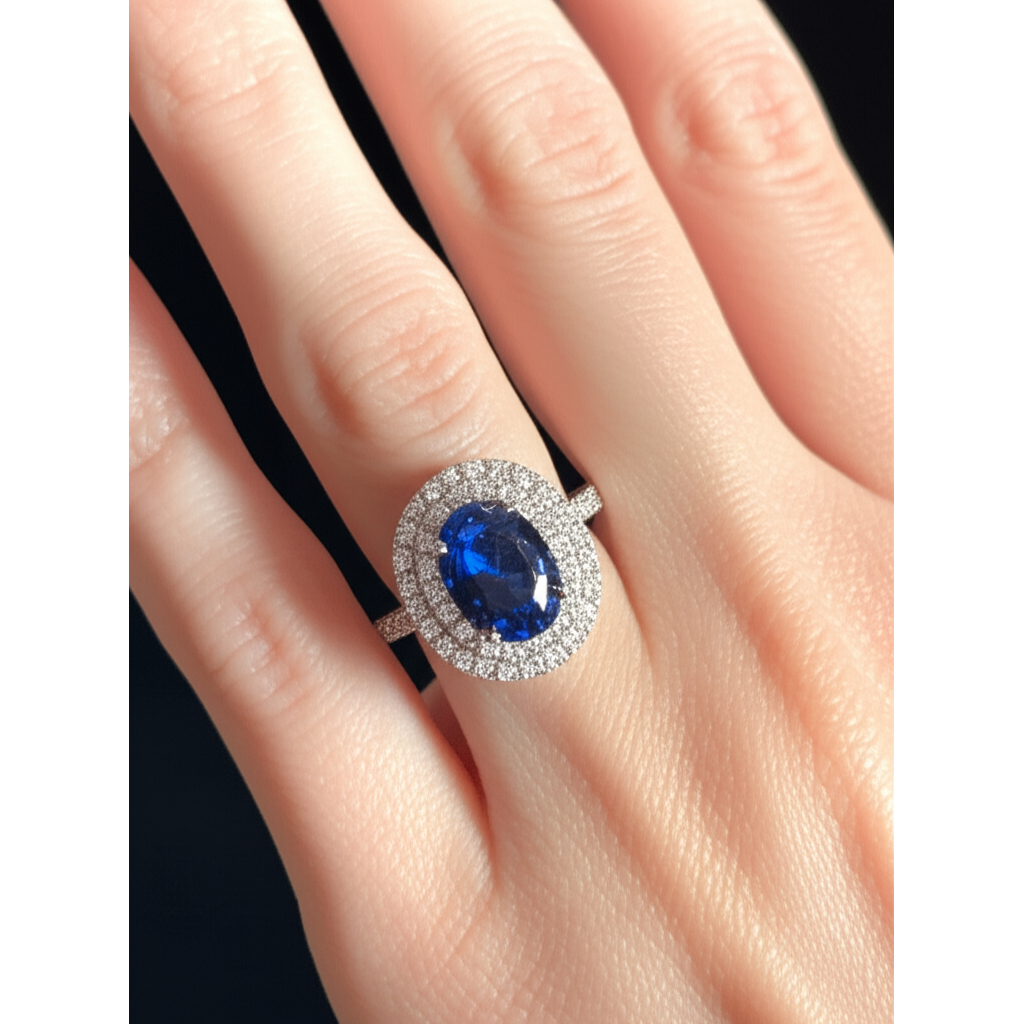 3.40 Ct Oval Ceylon Sapphire With Round Natural Earth Mined Diamond ( Not Lab Grown )s Ring White Gold