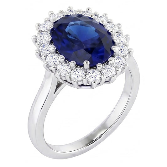 3.5 Ct Oval Shaped Ceylon Sapphire Round Natural Earth Mined Diamond ( Not Lab Grown ) Ring White Gold 14K