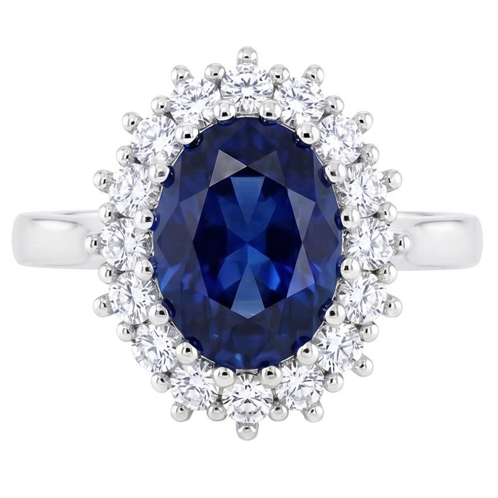 3.5 Ct Oval Shaped Ceylon Sapphire Round Natural Earth Mined Diamond ( Not Lab Grown ) Ring White Gold 14K