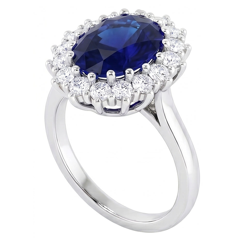 3.5 Ct Oval Shaped Ceylon Sapphire Round Natural Earth Mined Diamond ( Not Lab Grown ) Ring White Gold 14K