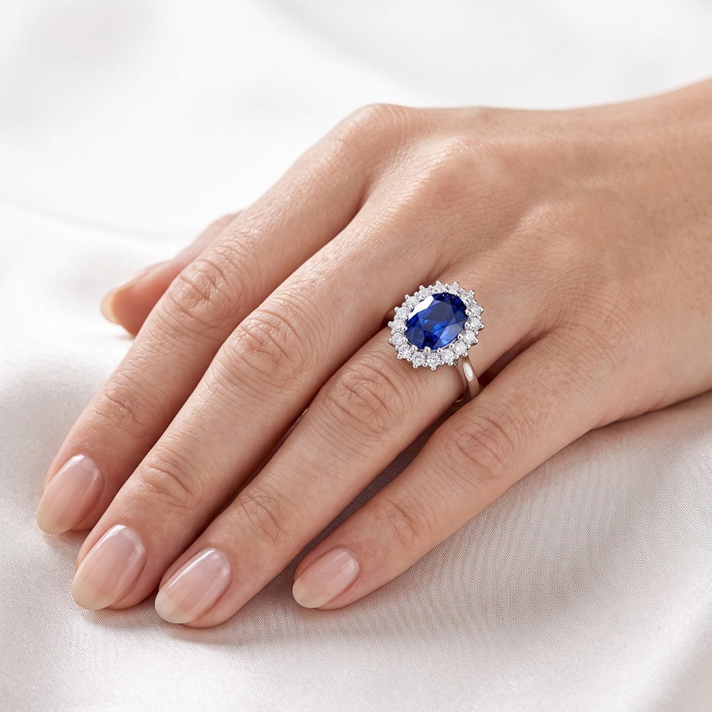 3.5 Ct Oval Shaped Ceylon Sapphire Round Natural Earth Mined Diamond ( Not Lab Grown ) Ring White Gold 14K