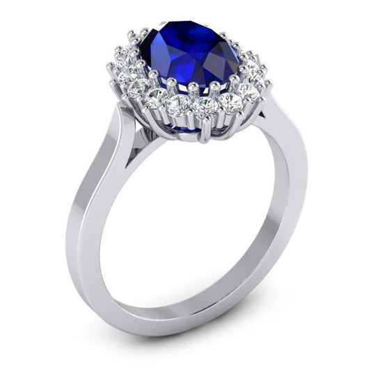 3.5 Ct Oval Shaped Ceylon Sapphire Round Natural Earth Mined Diamond ( Not Lab Grown ) Ring White Gold 14K