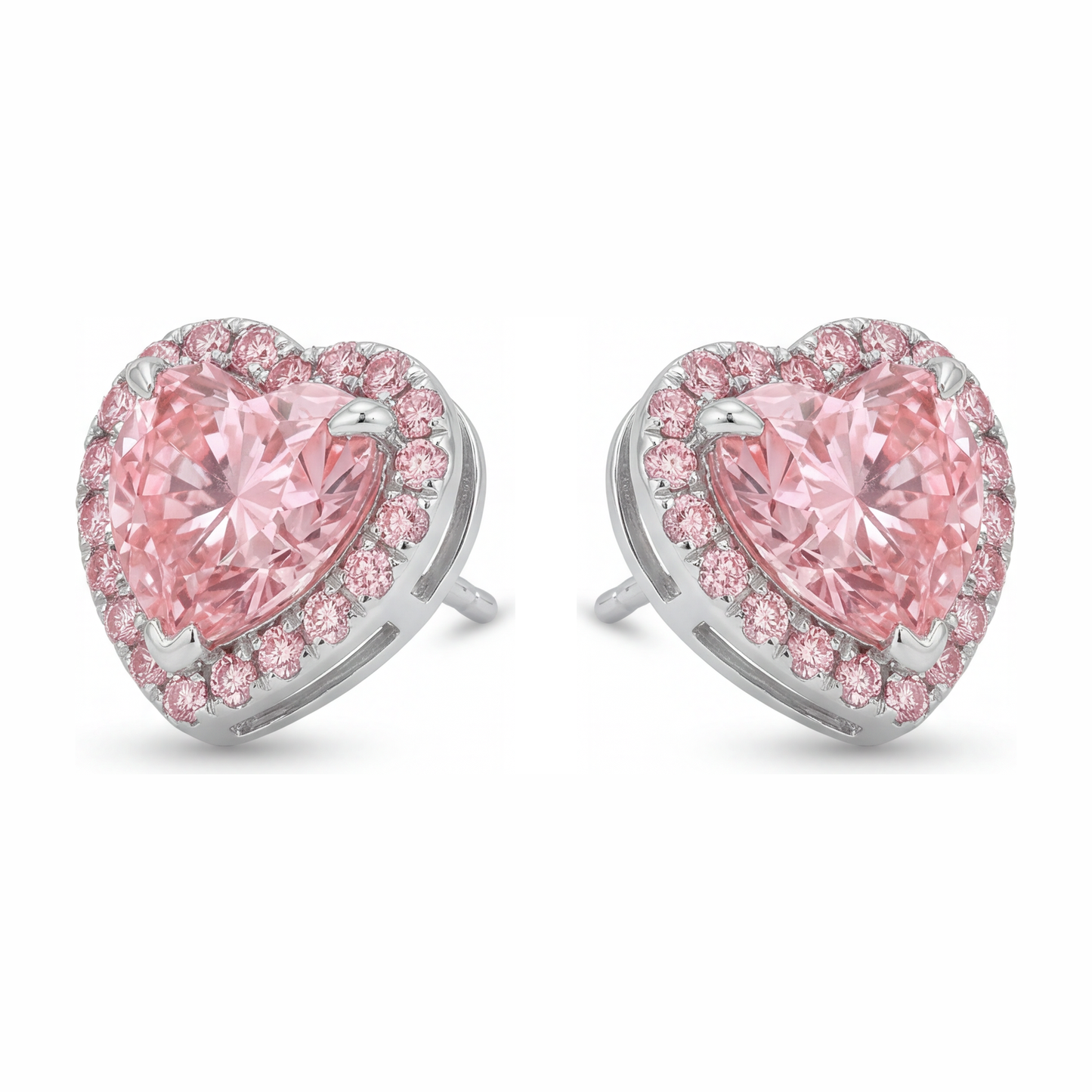 Pink Diamond Earrings 3.5 Carat Lab Grown Heart Halo 14K White Gold