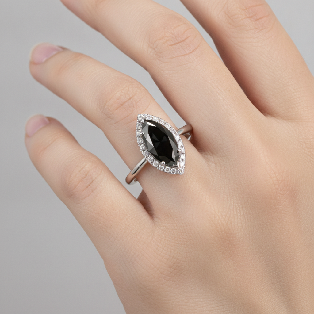 Black Diamond Ring 11 Carat Genuine Marquise Halo 14K White Gold