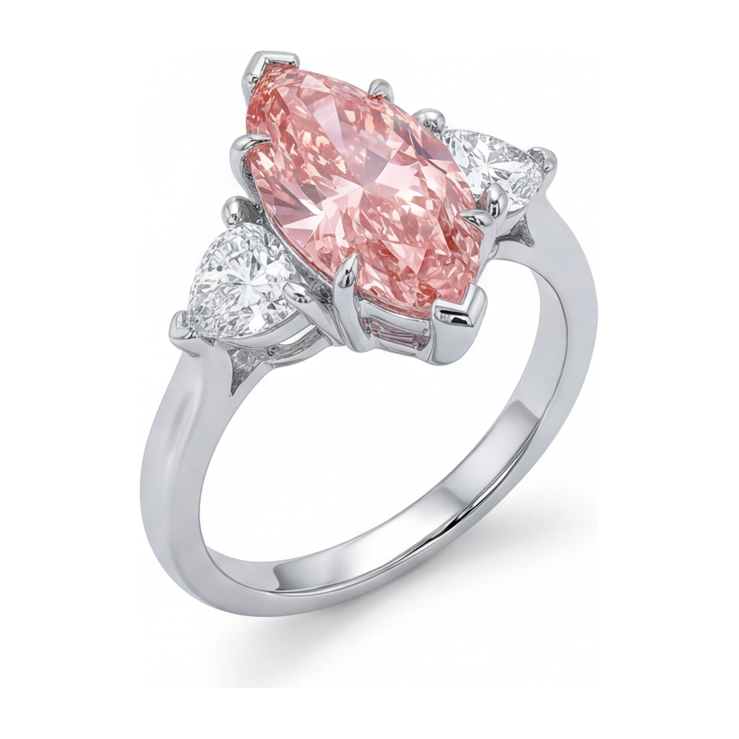 Lab Grown Pink Diamond 3.5 Carat Marquise Three Stone Ring 14K White Gold