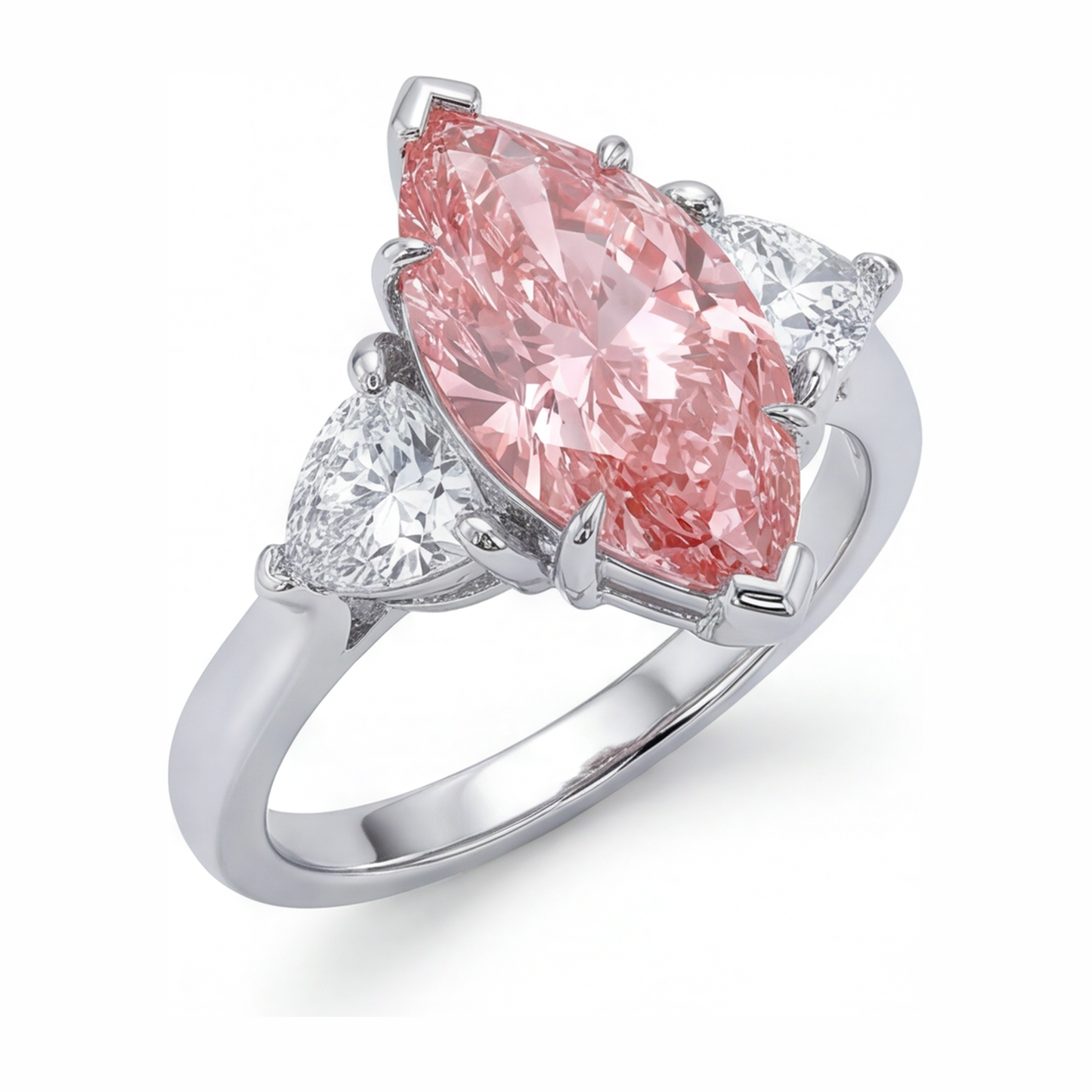Lab Grown Pink Diamond 3.5 Carat Marquise Three Stone Ring 14K White Gold