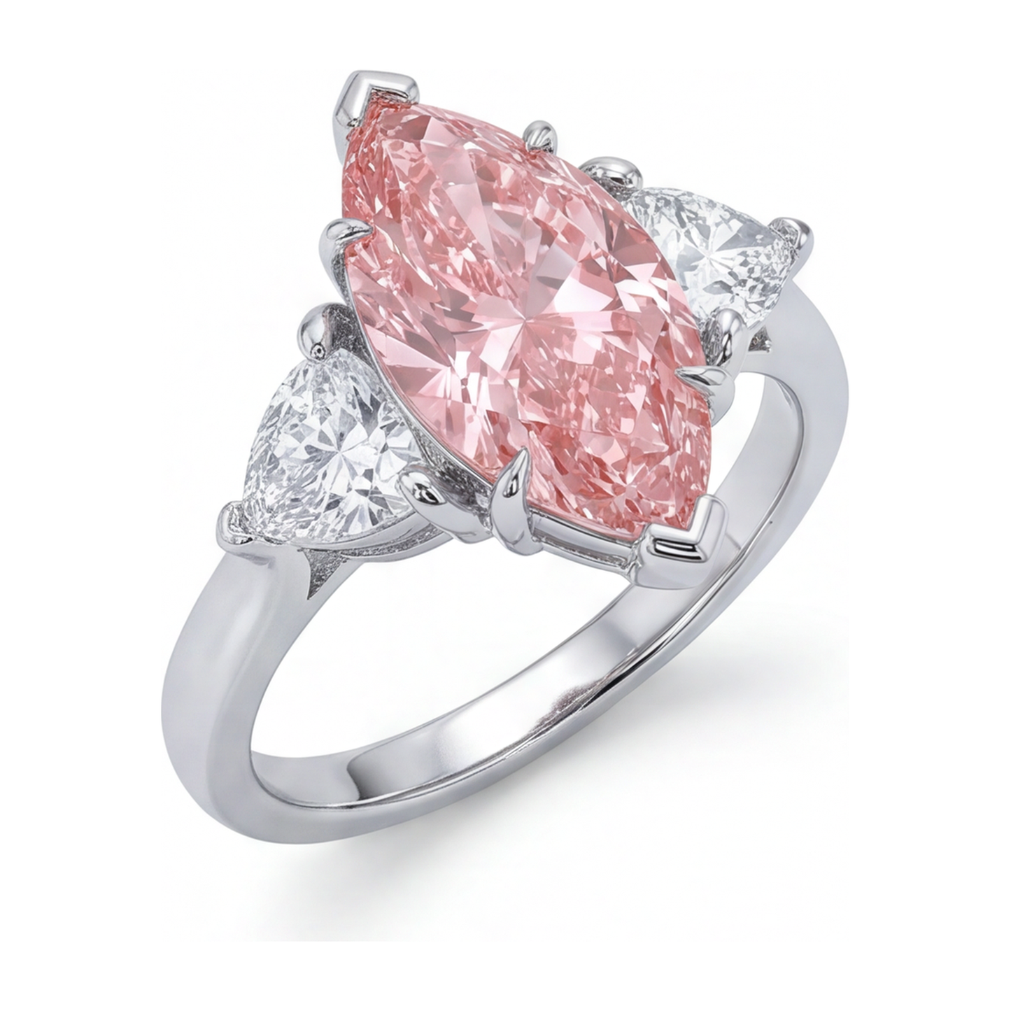 Lab Grown Pink Diamond 3.5 Carat Marquise Three Stone Ring 14K White Gold