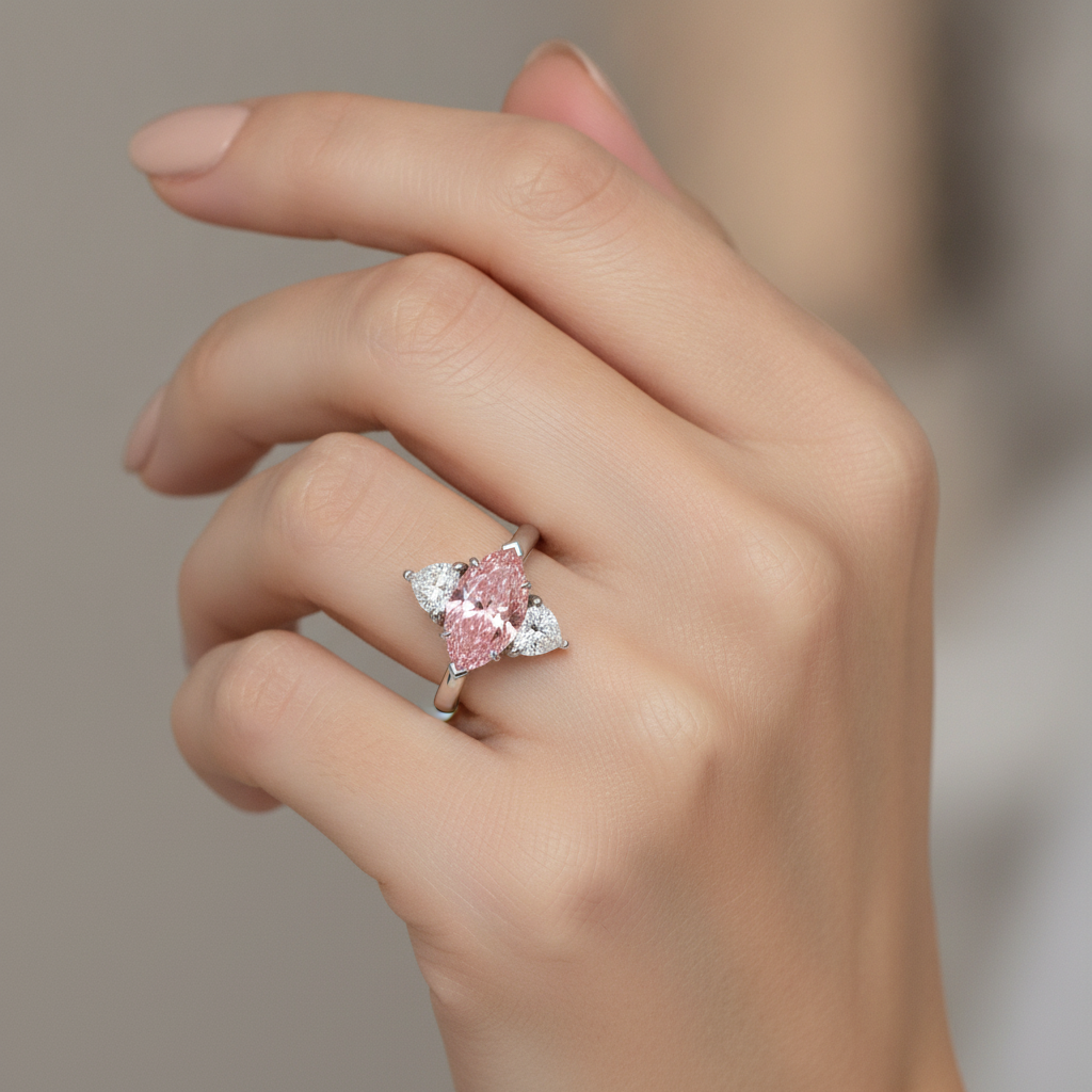 Lab Grown Pink Diamond 3.5 Carat Marquise Three Stone Ring 14K White Gold