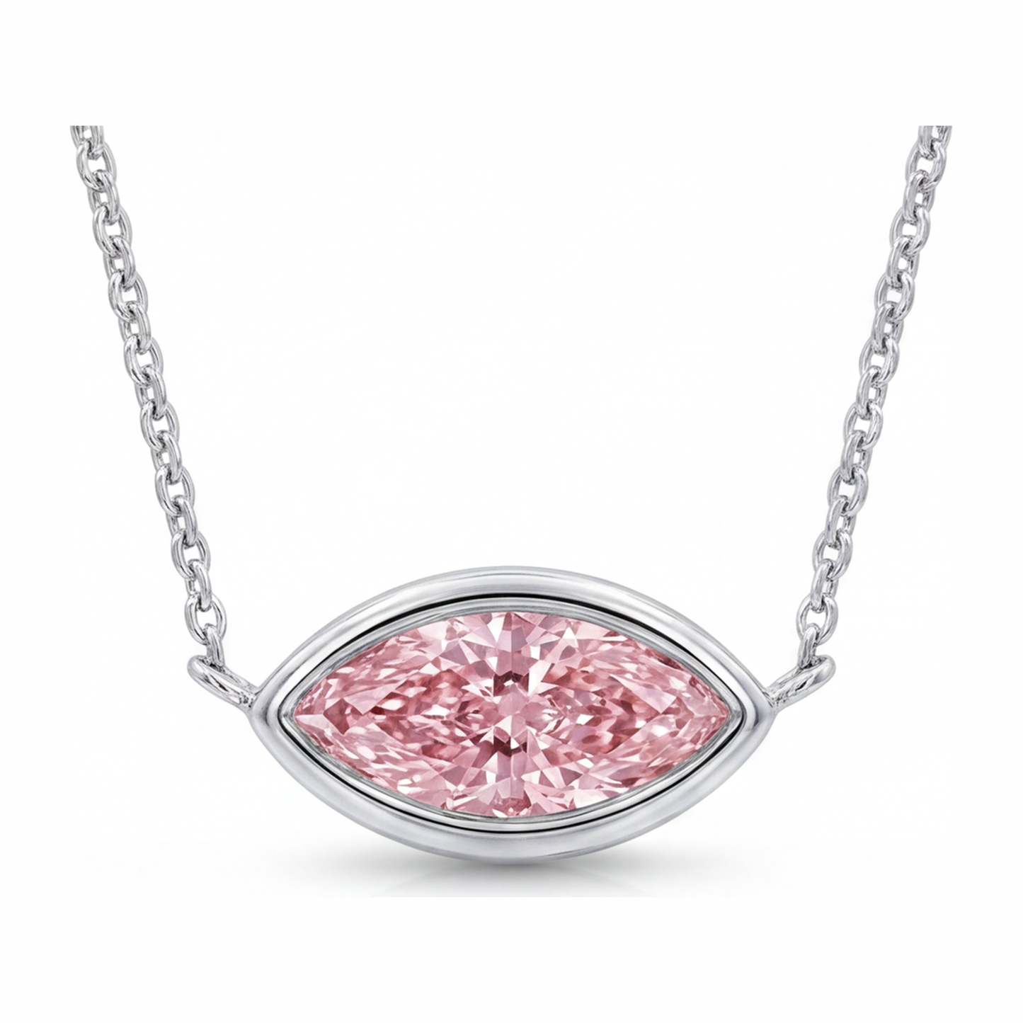 Pink Diamond Necklace 3.5 Carat Lab Grown Marquise Bezel Pendant 14K White Gold