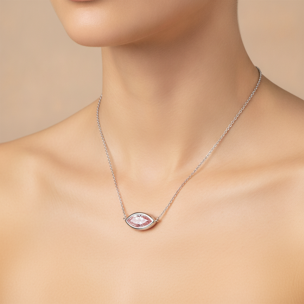Pink Diamond Necklace 3.5 Carat Lab Grown Marquise Bezel Pendant 14K White Gold