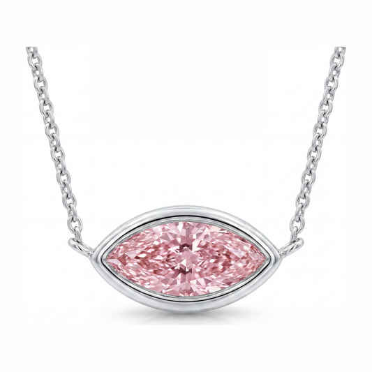 Pink Diamond Necklace 3.5 Carat Lab Grown Marquise Bezel Pendant 14K White Gold