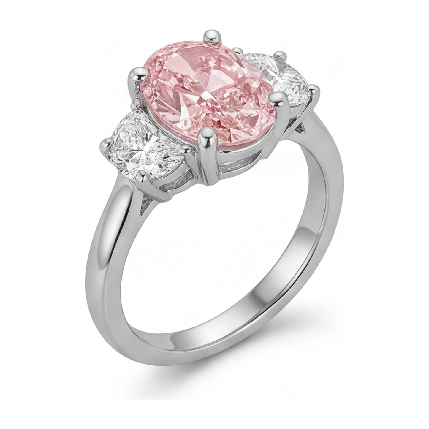 Lab Grown Pink Diamond 3.5 Carat Oval Three Stone Ring 14K White Gold