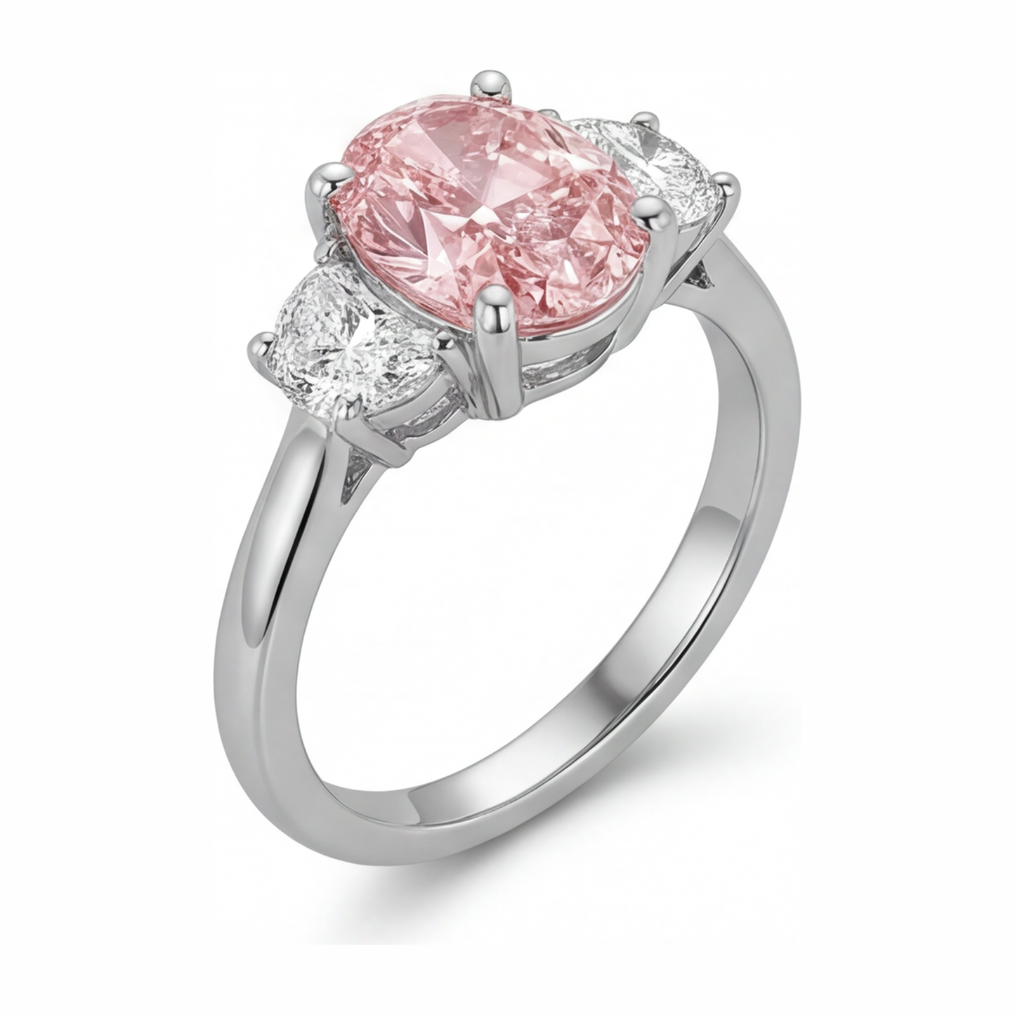 Lab Grown Pink Diamond 3.5 Carat Oval Three Stone Ring 14K White Gold