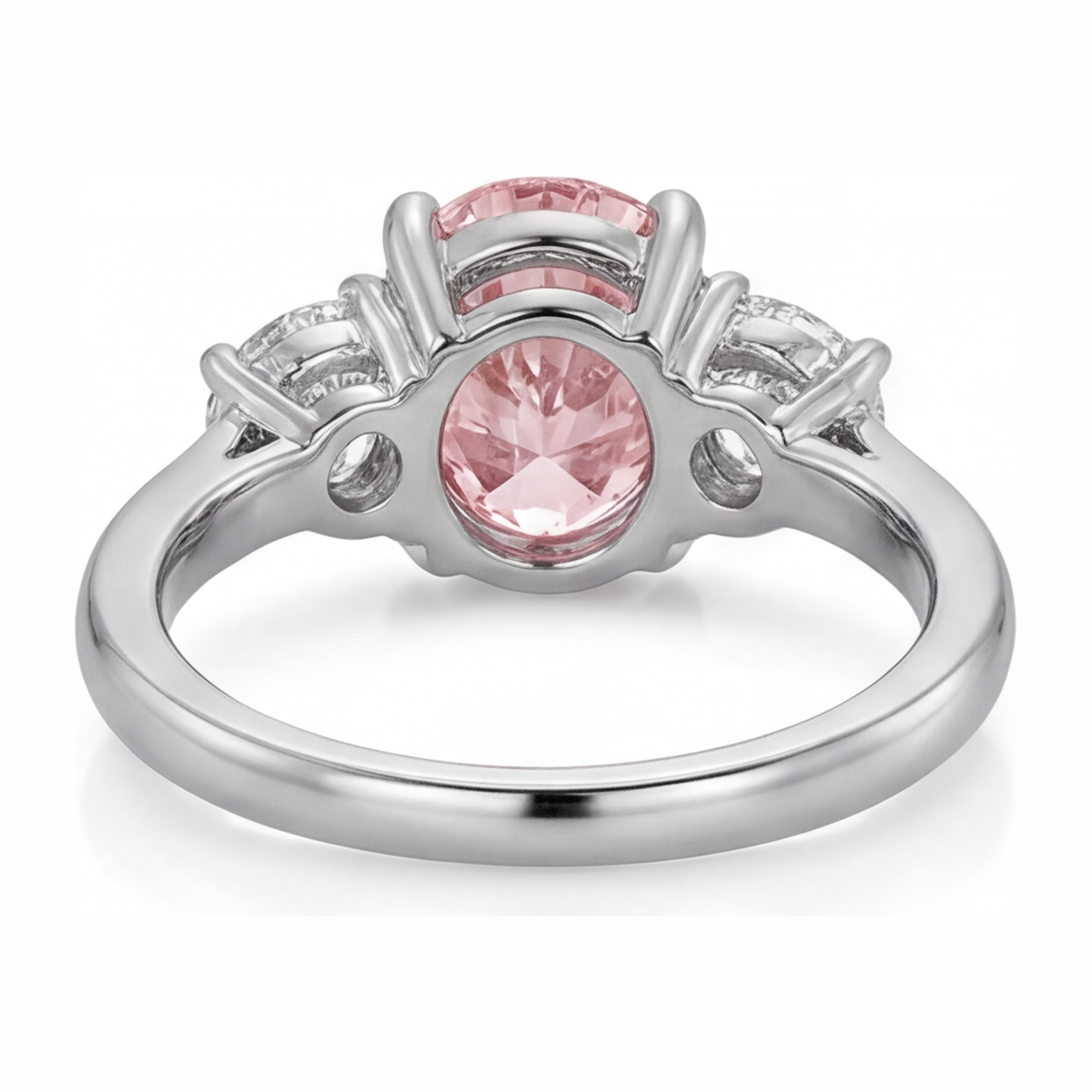 Lab Grown Pink Diamond 3.5 Carat Oval Three Stone Ring 14K White Gold