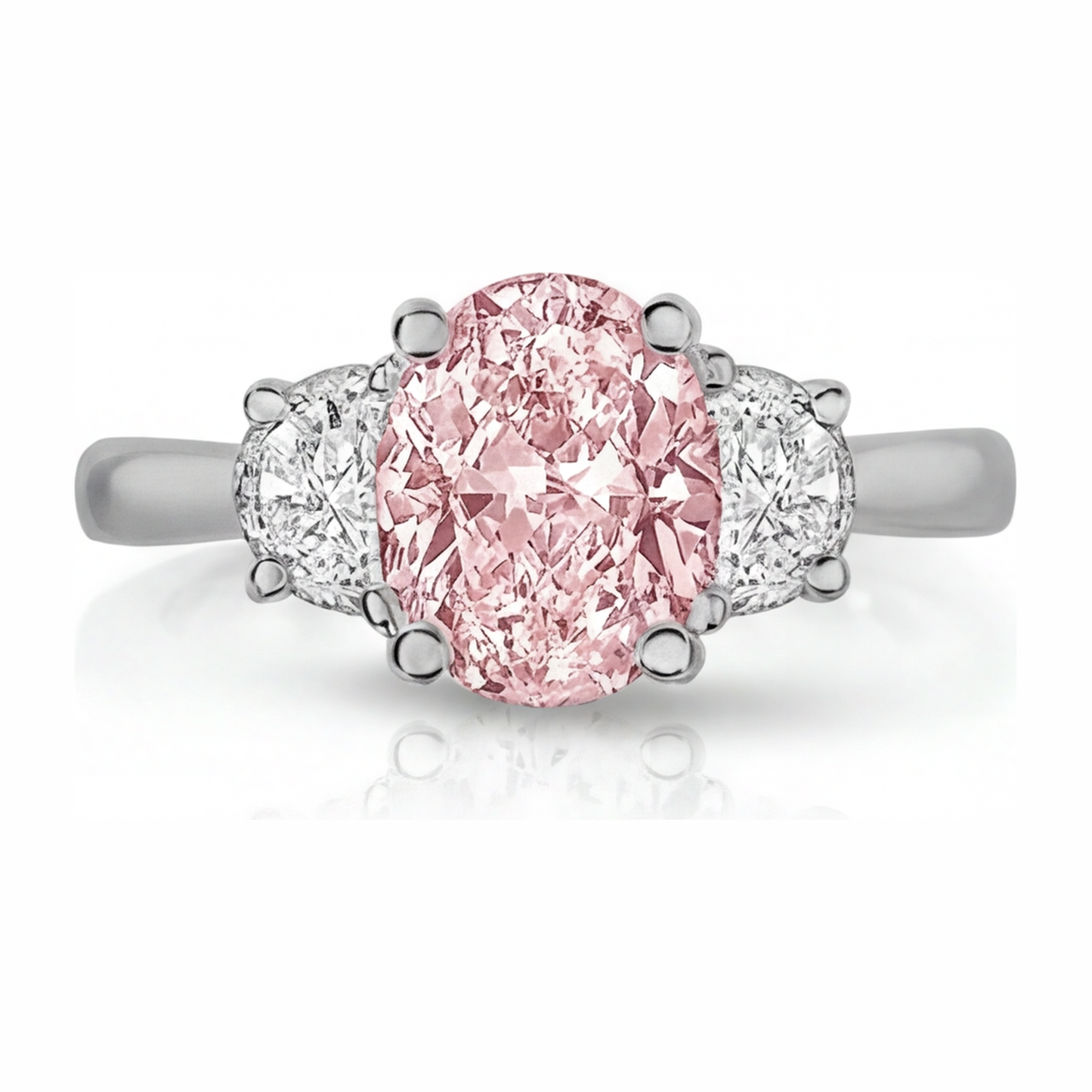 Lab Grown Pink Diamond 3.5 Carat Oval Three Stone Ring 14K White Gold
