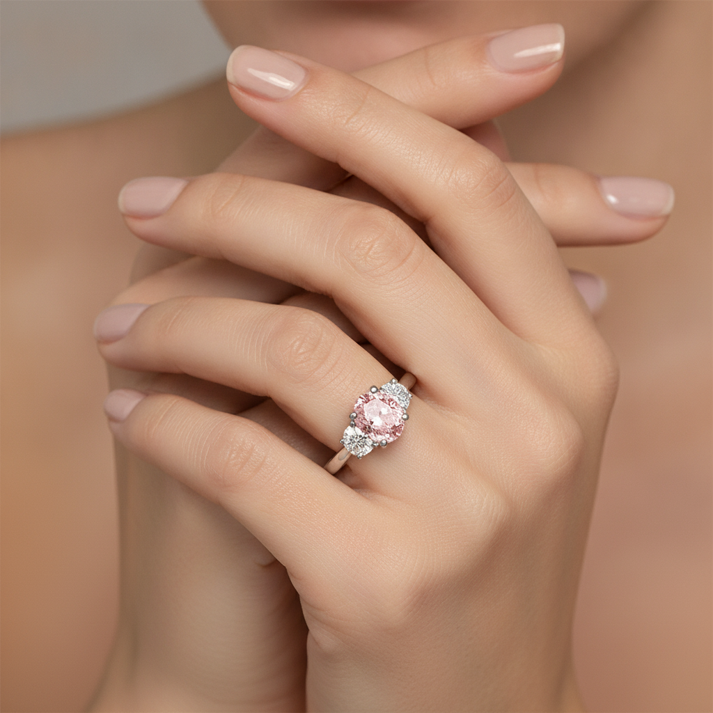 Lab Grown Pink Diamond 3.5 Carat Oval Three Stone Ring 14K White Gold
