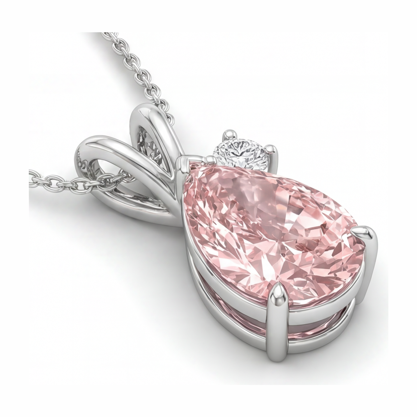 Lab Grown Pink Diamond Necklace 3.5 Carat Pear Bypass Pendant 14K White Gold