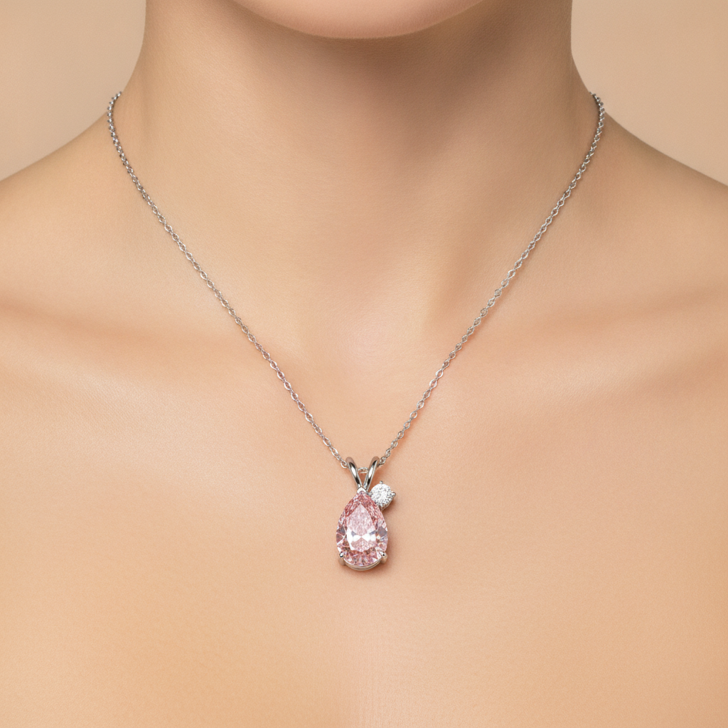 Lab Grown Pink Diamond Necklace 3.5 Carat Pear Bypass Pendant 14K White Gold