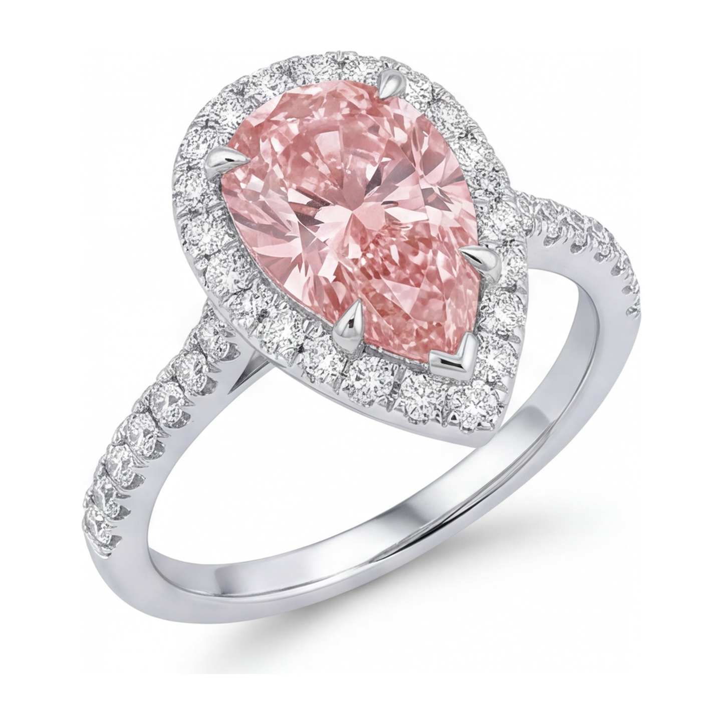 Pink Diamond Engagement Ring 3.5 Carat Lab Grown Pear Halo 14K White Gold
