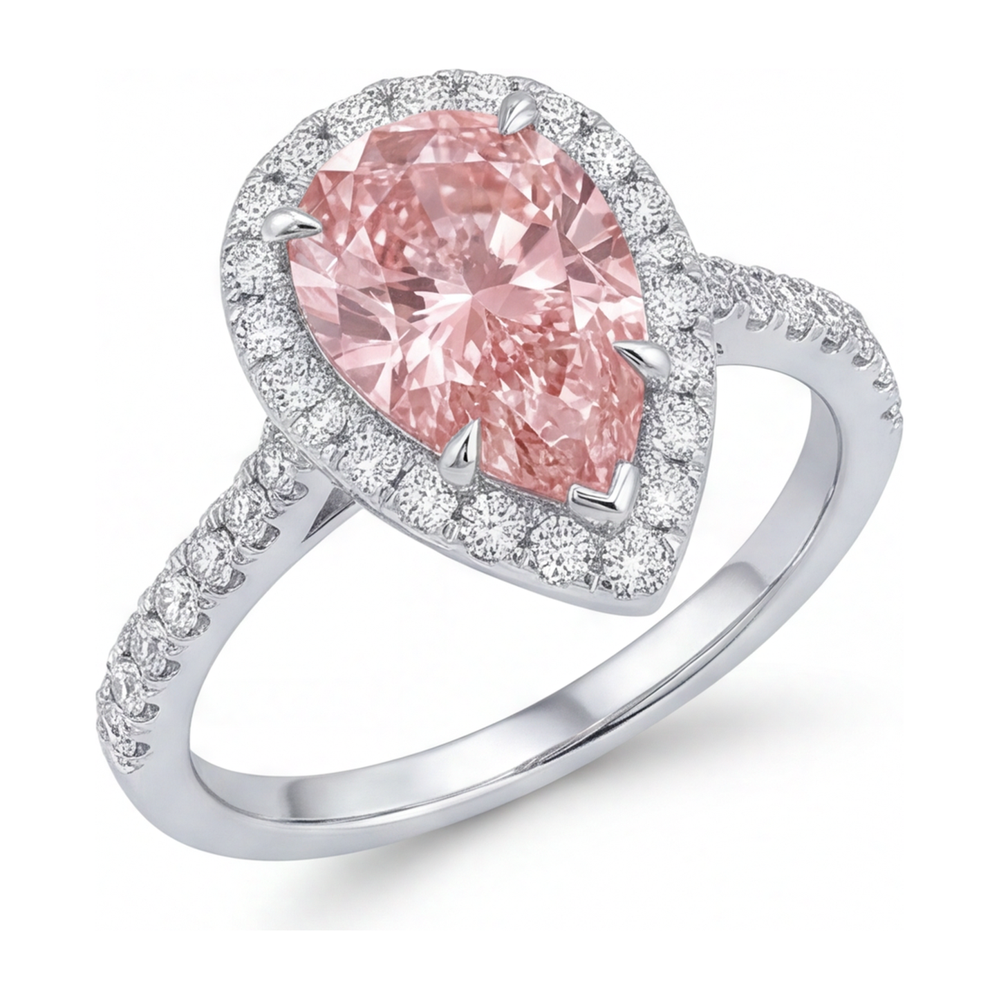 Pink Diamond Engagement Ring 3.5 Carat Lab Grown Pear Halo 14K White Gold