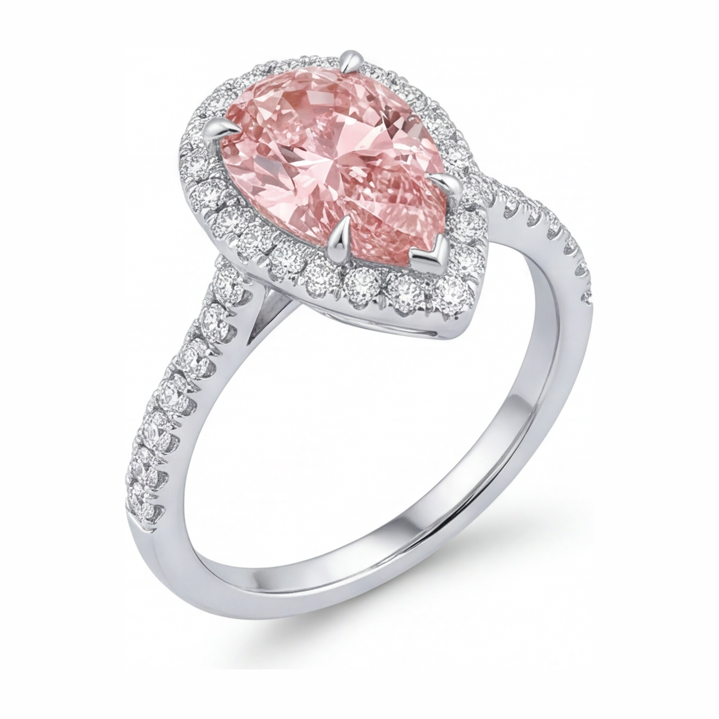 Pink Diamond Engagement Ring 3.5 Carat Lab Grown Pear Halo 14K White Gold